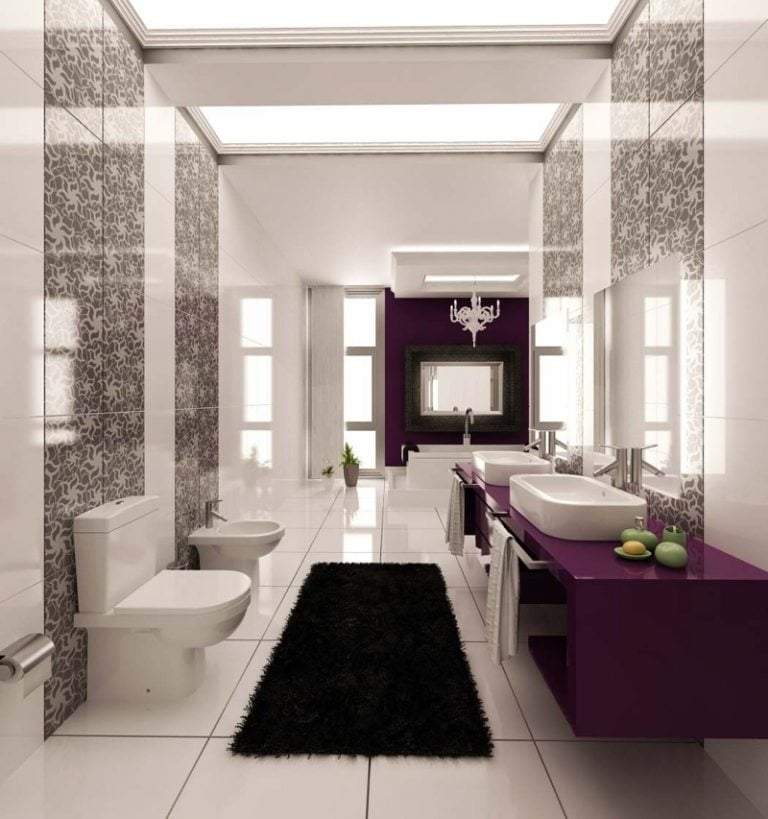 badezimmer kleines schmales purpur konsole modern stil grau fliesen akzente