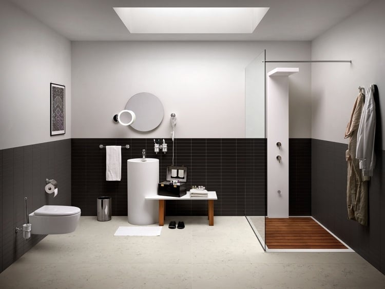 Badezimmermöbel aus Bambus -modern-bad-schwarz-weiss-duschkabine-waschkonsole-rund-bank-ablageraum-dachfenster