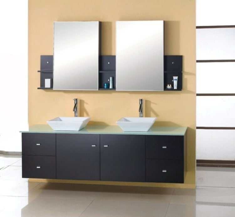 badmoebel kleine baeder doppelt waschbecken braun holz spiegel modern