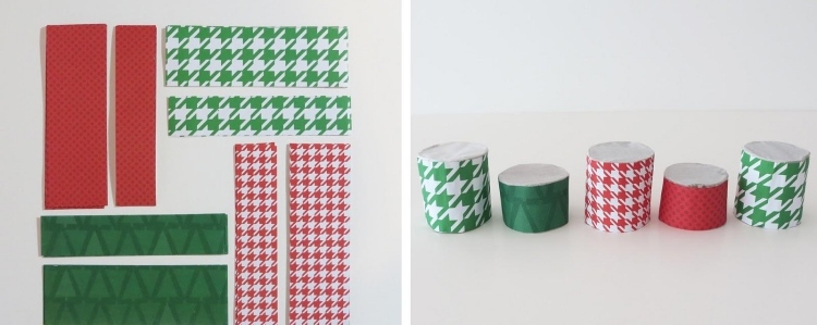 Bastelideen zu Weihnachten -recycling-adventskalender-klopapier-rollen-dekopapier-stoff-bekleben