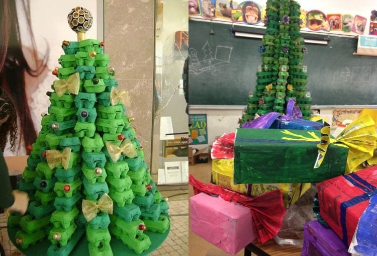 bastelideen-weihnachten-recycling-weihnachtsbaum-eierkartons-gruen-verziert-deko