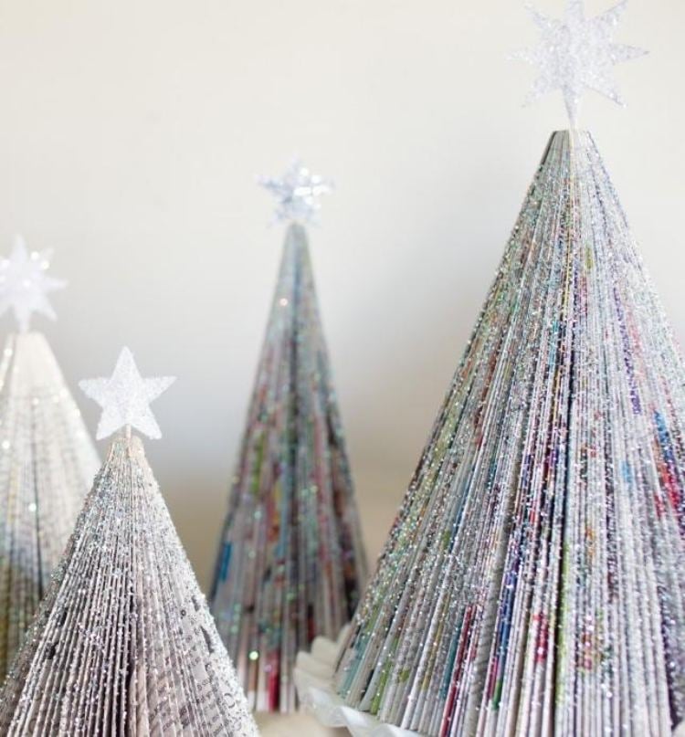 bastelideen-weihnachten-recycling-weihnachtsbaum-zeitungspapier-zeitschriften-glitzer-sterne