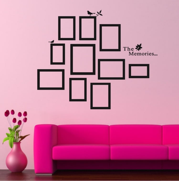 bilderrahmen-dekorieren-ideen-selber-machen-pink-wand-couch-tulpen-wandtattoo