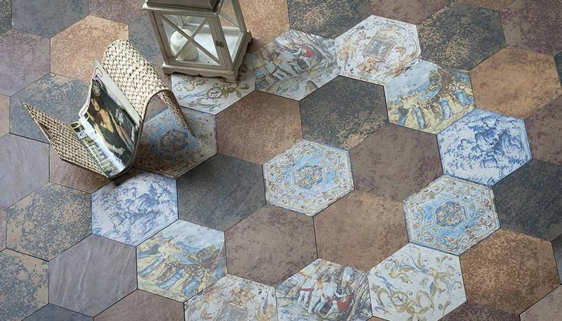 Bodenfliesen Ideen hexagon-patchwork-muster-la-galleria-eco-ceramica