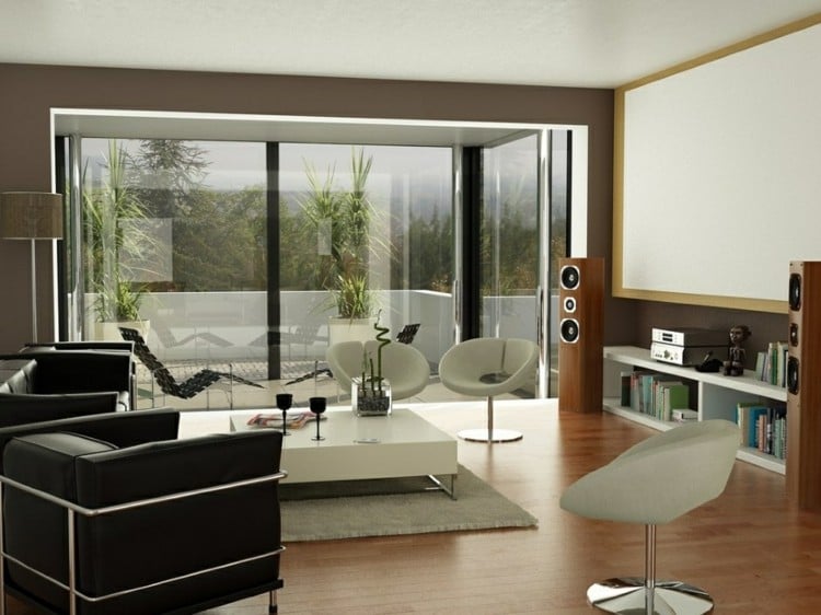 braune wandgestaltung im wohnzimmer akzentwand weiss modern stuehle