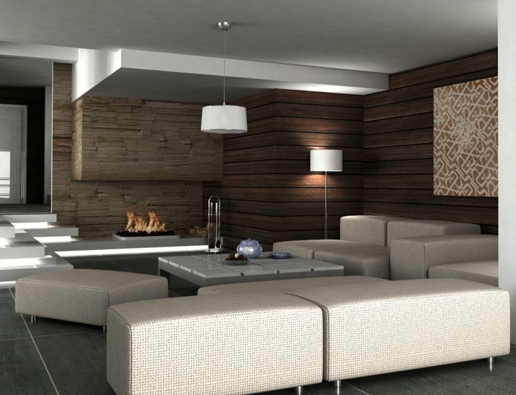 braune wandgestaltung im wohnzimmer stein holz weiss couchgarnitur kamin