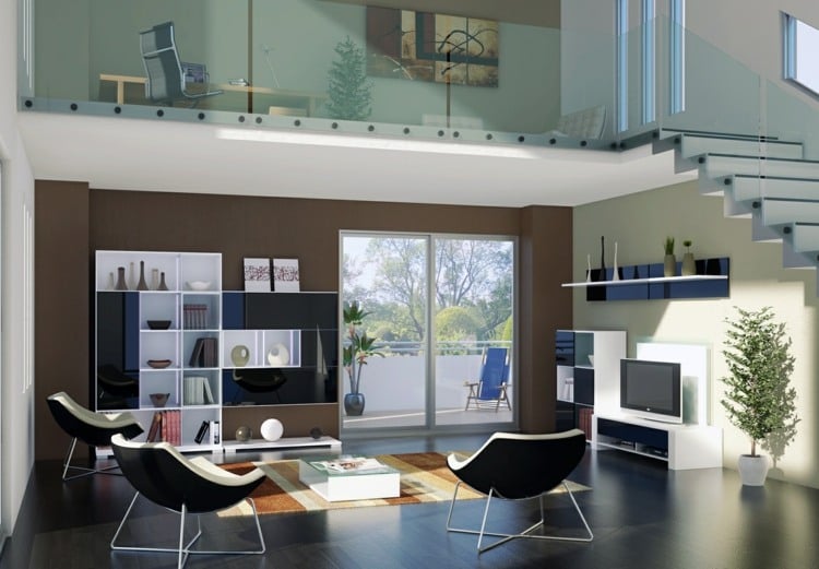braune wandgestaltung wohnzimmer einbauwand modern treppe glas gelaender