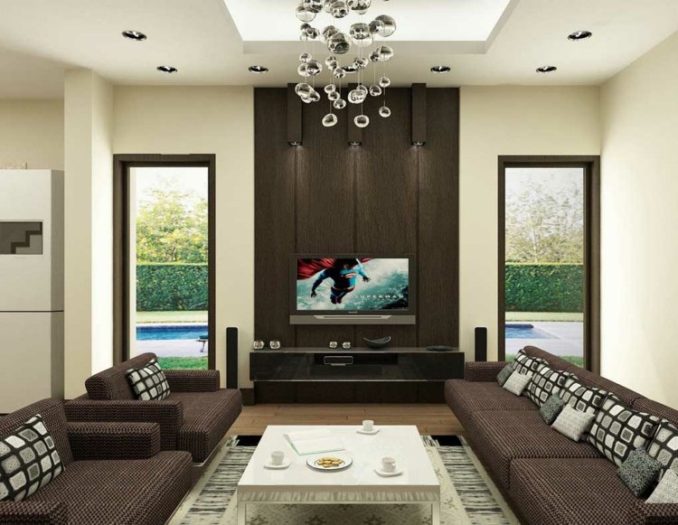 braune wandgestaltung wohnzimmer holz akzent lowboard rotbraun sofa
