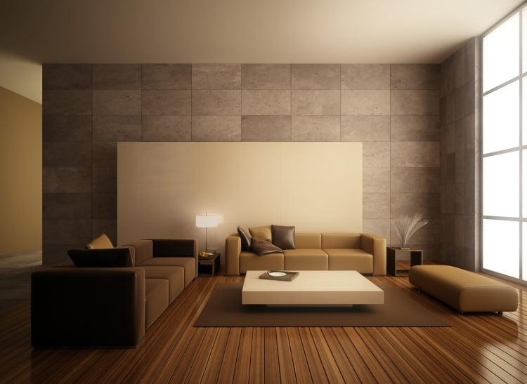 braune-wandgestaltung-wohnzimmer-ideen-holzboden-couches-beige-minimalistisch