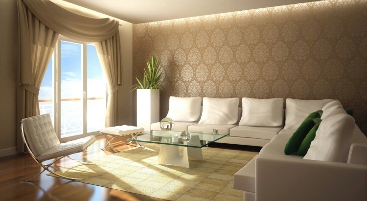 braune-wandgestaltung-wohnzimmer-ideen-visualisierung-tapete-muster-ornamente-terrassentueren-licht