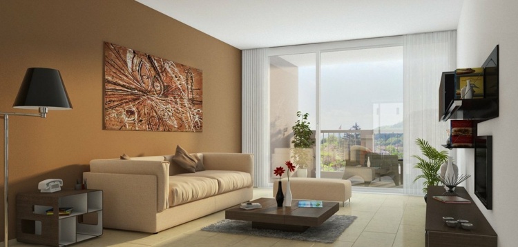 braune wandgestaltung wohnzimmer wandbild deko couchtisch beistelltisch