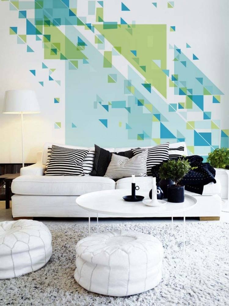 coole-wohnideen-selber-machen-wohnzimmer-frische-farben-wandgestaltung-wandmalerei-dreiecken-geometrisch