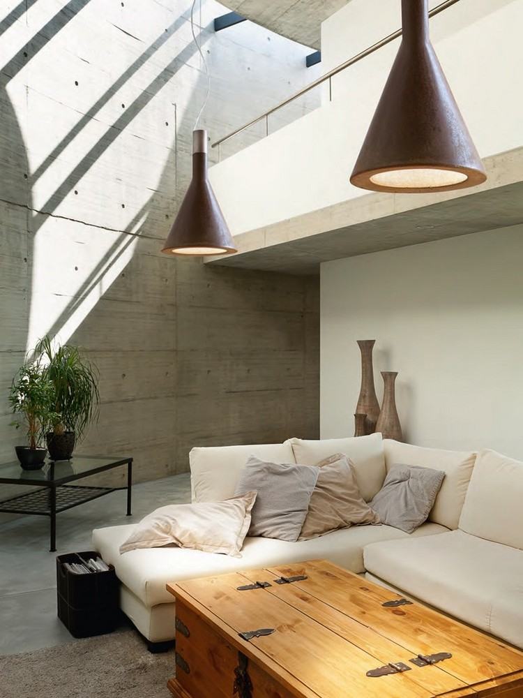 cortenstahl-innenbereich-ideen-beton-Pendelleuchte-rostoptik-Colacem-wohnzimmer