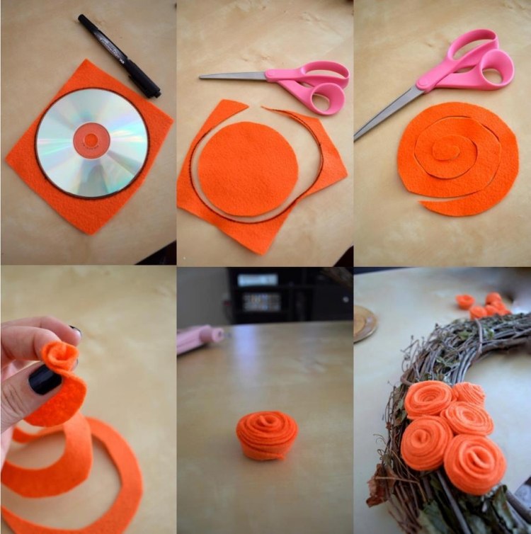dekoration-herbst-selber-machen-basteln-filz-kranz-kleine-rosen-orange-ausschneiden-rollen
