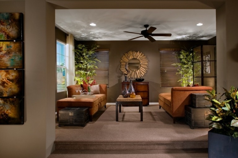 dekorieren wohnzimmer bambus pflanzen exotisch stil orange moebel