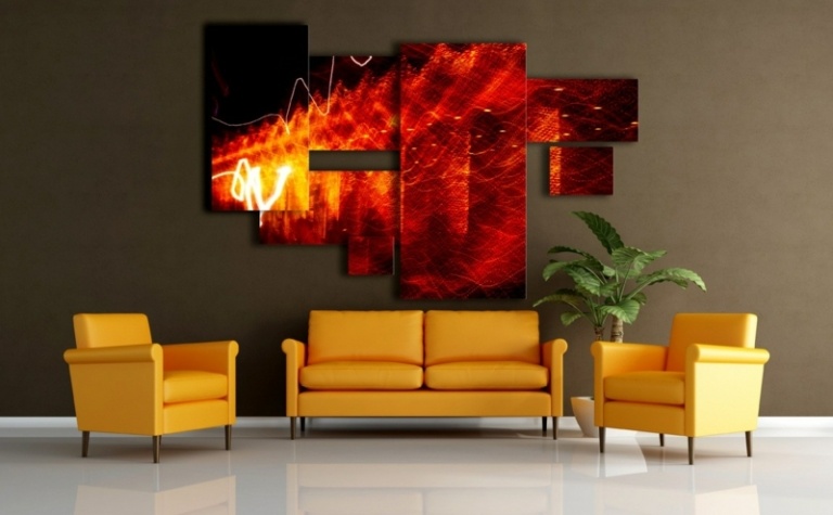 dekorieren wohnzimmer gelb couch foto wandbild idee feuer pflanze