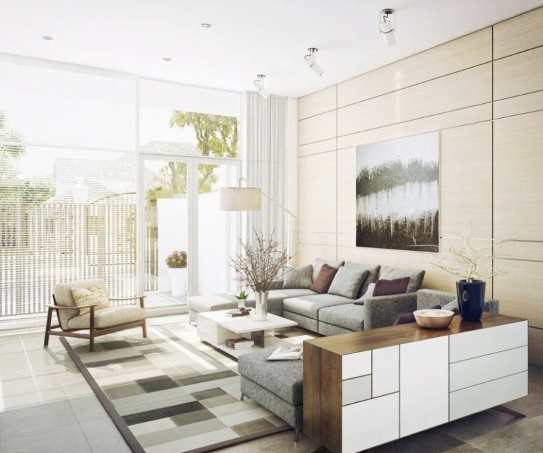 dekorieren wohnzimmer geometrisch muster teppich sideboard modern wandbild