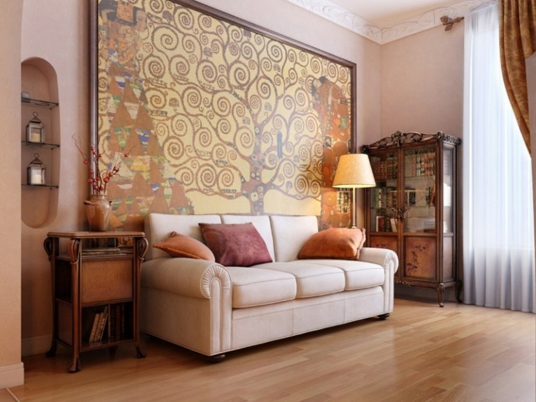 dekorieren wohnzimmer gross wandbild stoff weiss sofa beistelltisch vintage