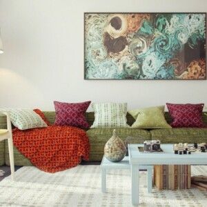 dekorieren wohnzimmer gruen sofa bunt akzente flieder stuhl modern wandbild