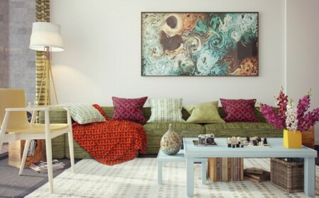 dekorieren wohnzimmer gruen sofa bunt akzente flieder stuhl modern wandbild