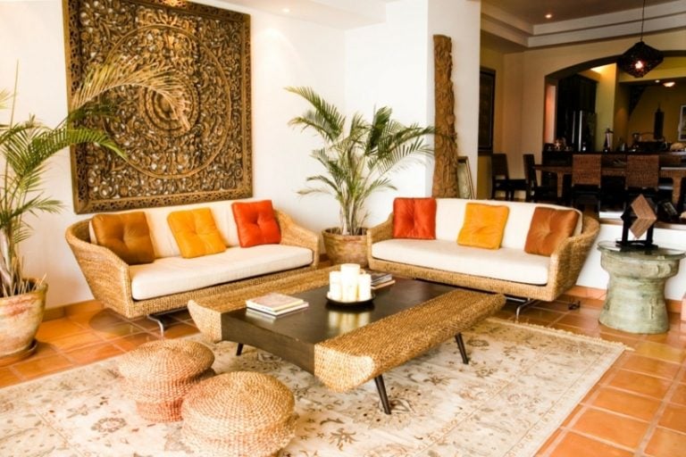 dekorieren wohnzimmer korb design sofas exotisch einrichtung pflanzen