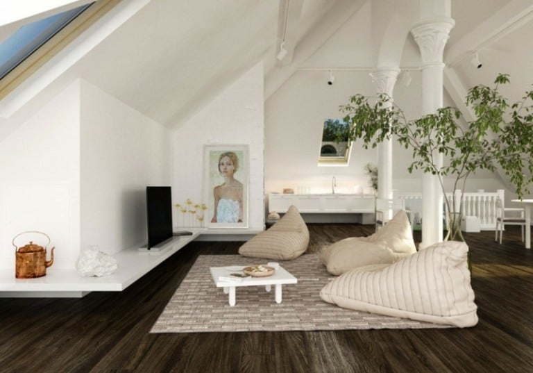 dekorieren wohnzimmer loft idee pflanzen sitzsaecke dunkel laminat