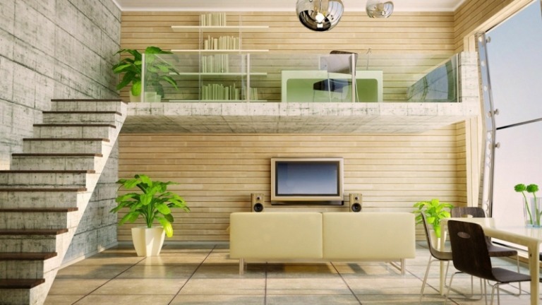 dekorieren wohnzimmer pflanzen fliesen beige home office schlicht einrichtung