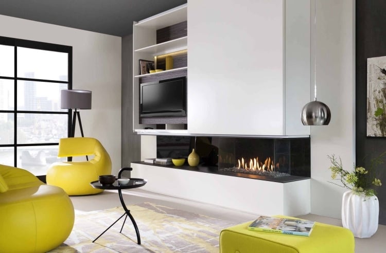 design-kaminofen-gemauert-bilder-modern-gas-gelbe-sessel-futuristisch-wohnwand