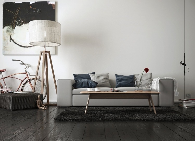 einrichtungsideen-wohnzimmer-gemuetlich-modern-minilaistisches-design-couch-stehlampe-bild-monochrom