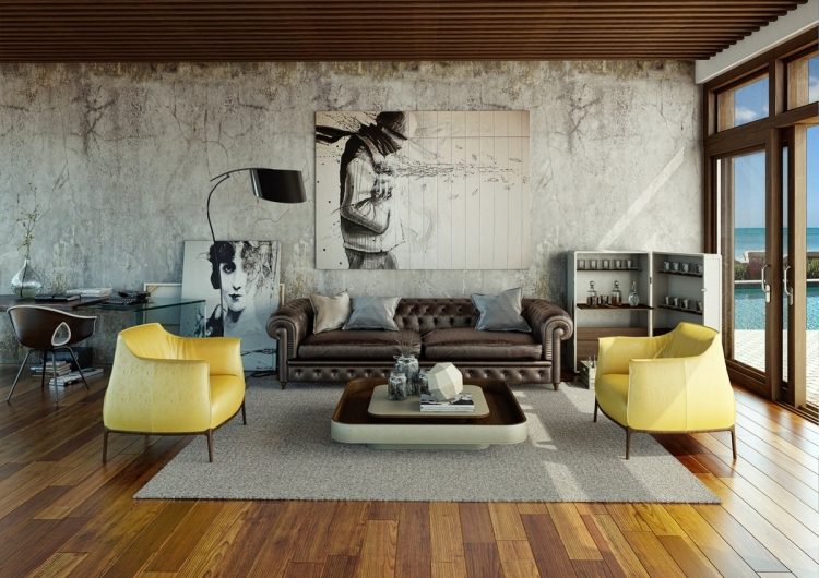 einrichtungsideen-wohnzimmer-gemuetlich-parkettboden-grau-industrial-stil-sessel-gelb-bilder
