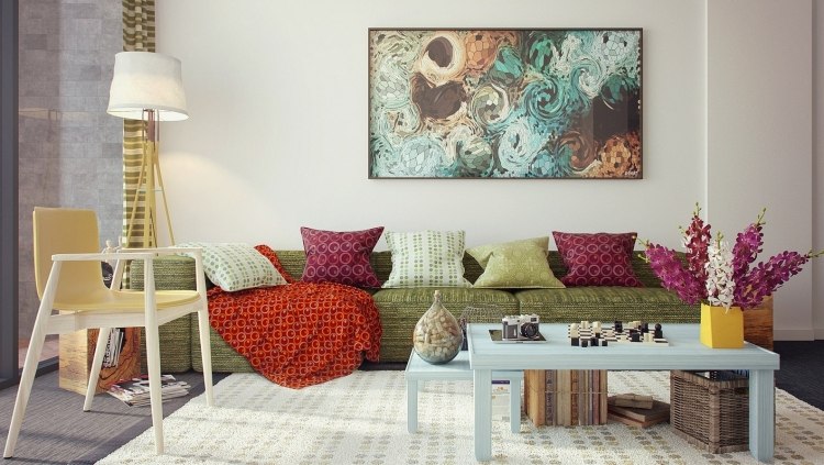 einrichtungsideen-wohnzimmer-gemuetlich--pastellfarben-couch-gruen-kissen-bild-decke