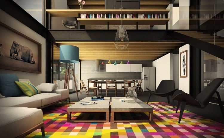 einrichtungsideen-wohnzimmer-gemuetlich-teppichboden-pixel-farbig-bunt-graue-moebel-offene-kueche