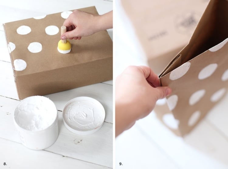 geschenke-verpacken-originell-ideen-anleitung-papier-braun-papiertuete-dekorieren-farbe-weiss-punkten