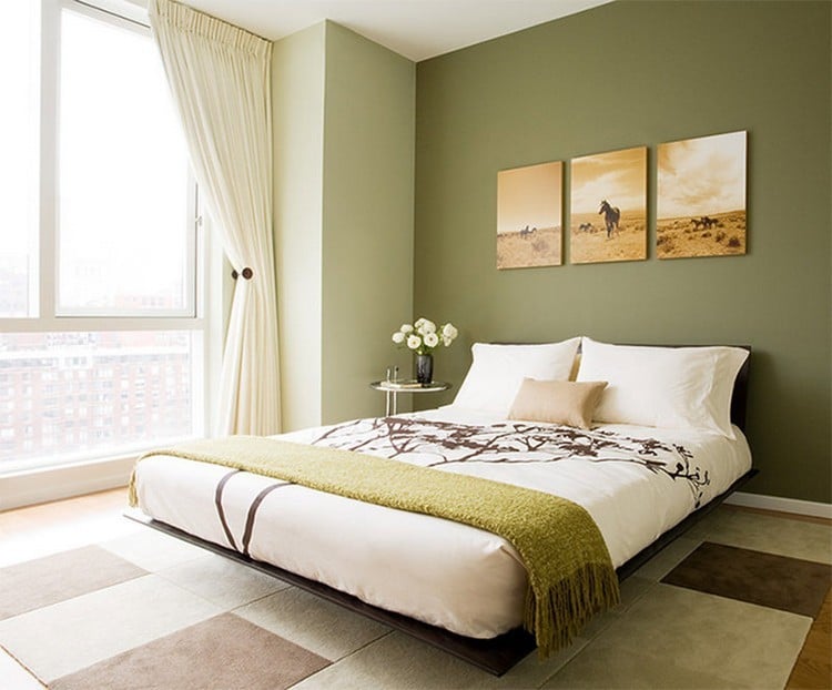 grun-wandfarbe-ideen-olivgruen-schlafzimmer-bilder-pferde-orangetoene
