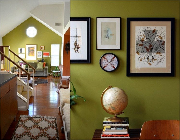 grun-wandfarbe-ideen-olivgruen-wohnzimmer-bilder-schwarze-rahmen