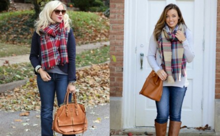 herbst outfits mit schal ideen schottenmuster braun handtaschen jeans pullover
