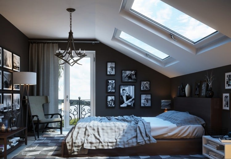 idee-wohnung-einrichten-dachschraegen-schwarz-weiss-grau-schlafzimmer-fotos-dachfenster-kronleuchter