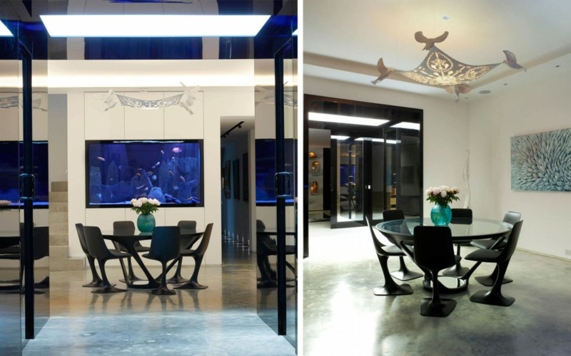 ideen wanddeko esszimmer modern weiss blau gestaltung aquarium lampe originell