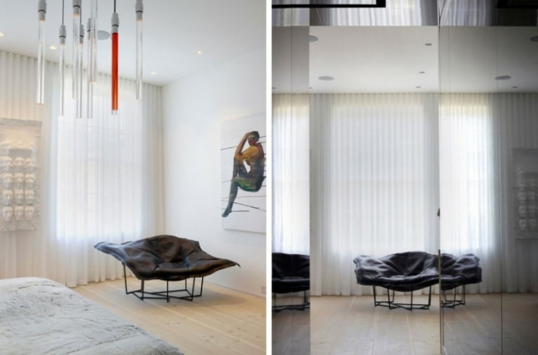 ideen wanddeko stuhl leder originell parkett schlafzimmer vorhang
