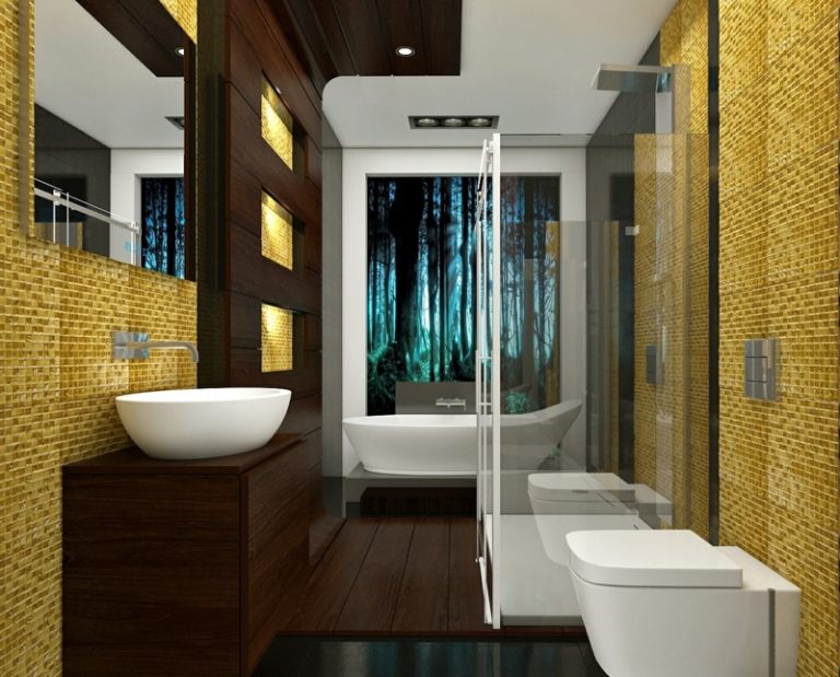 kleines badezimmer schmal raum mosaik gelb dunkel holz