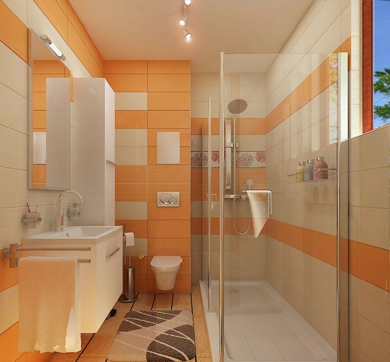kleines badezimmer schmale dusche badkonsole orange fliesen