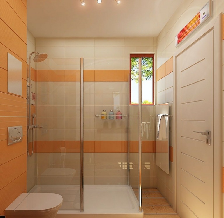 kleines badezimmer weiss hauptfarbe orange akzente grosse dusche