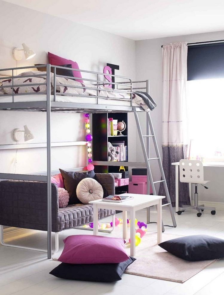 Kleines Kinderzimmer einrichten-hochbett-sofa-grau-pink-weiss-farben