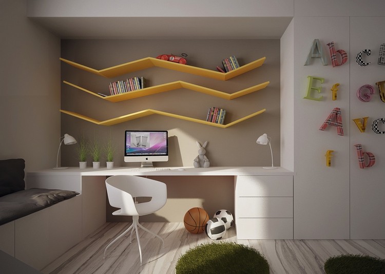 Kleines Kinderzimmer -raumgestaltung-jugendzimmer-modern-gelbe-wandregale-weisse-moebel