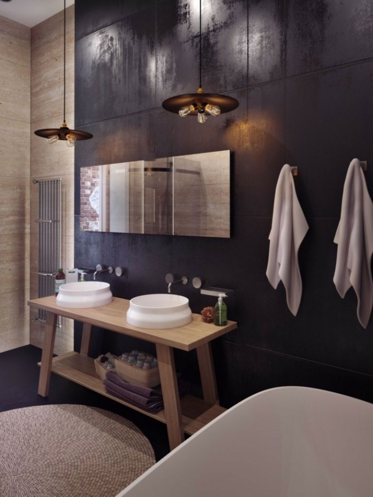 klinker-wandgestaltung-moderne-schwarz steinfliesen elegant badezimmer