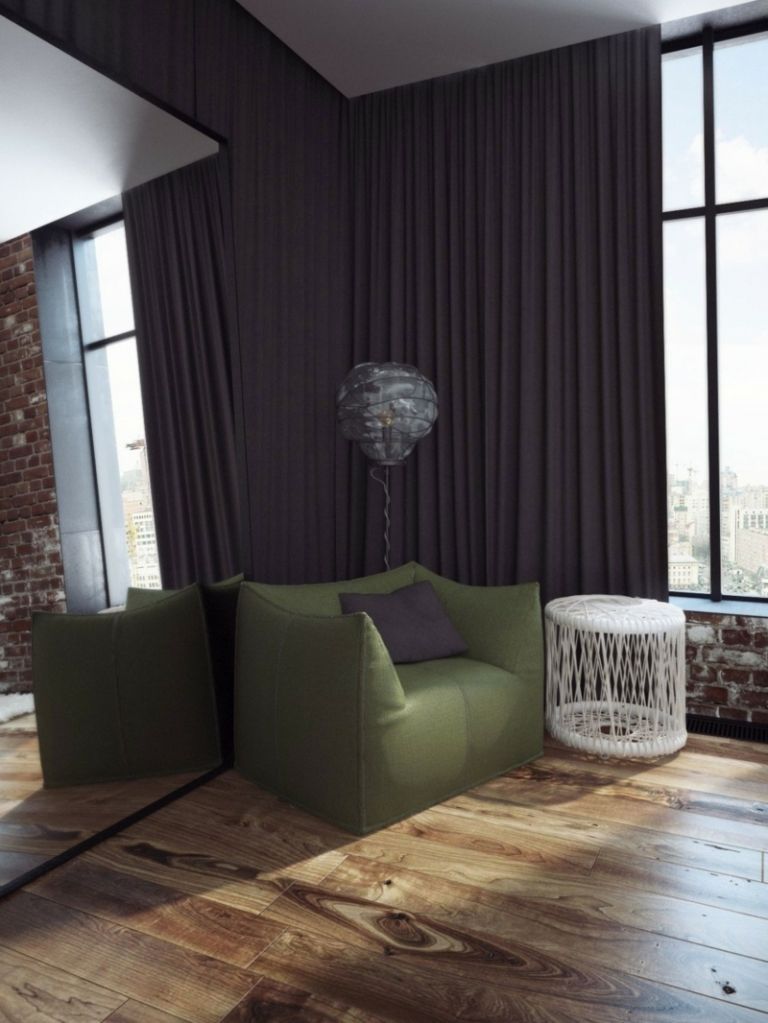klinker-wandgestaltung-moderne-sessel moebel gruen beistelltisch weiss