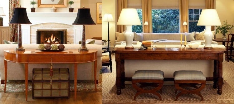 konsolentisch-hinter-sofa-einrichtungsideen-kolonial-tischlampen-lampenschirm-teppich-couches-gemuetlich