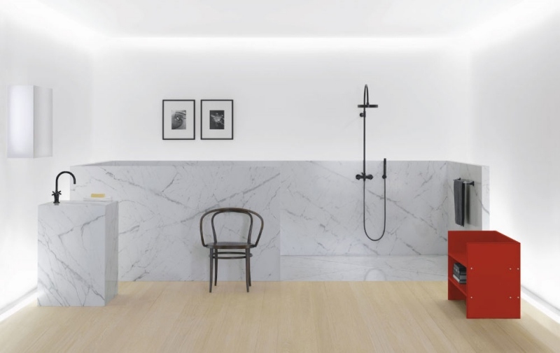 Küchenarmaturen und Badarmaturen in Schwarz -badezimmer-simple-schlicht-marmor-holzboden-modern