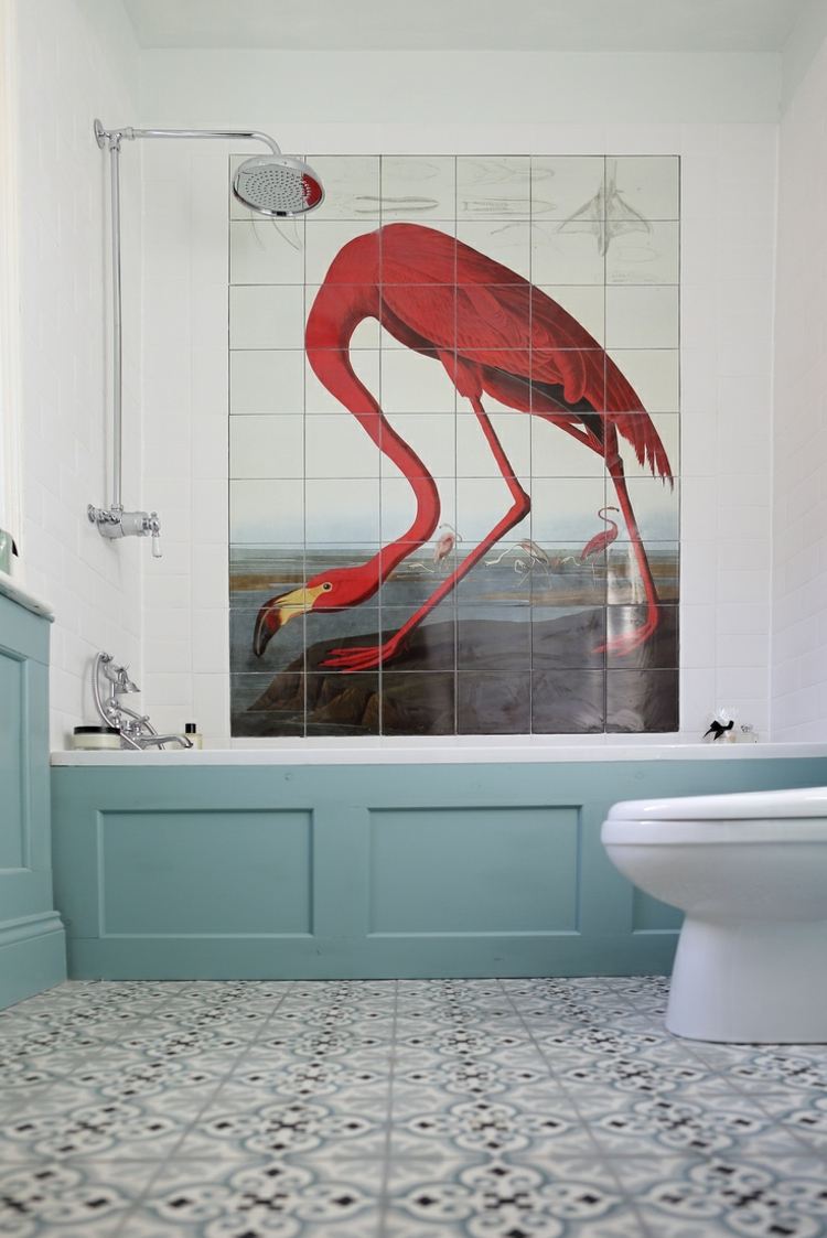 lackieren badezimmer fliesen flamingo vogel bild idee wand