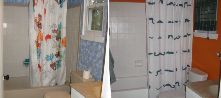 lackieren badezimmer fliesen vorher nachher bild weiss duschvorhang orange wand